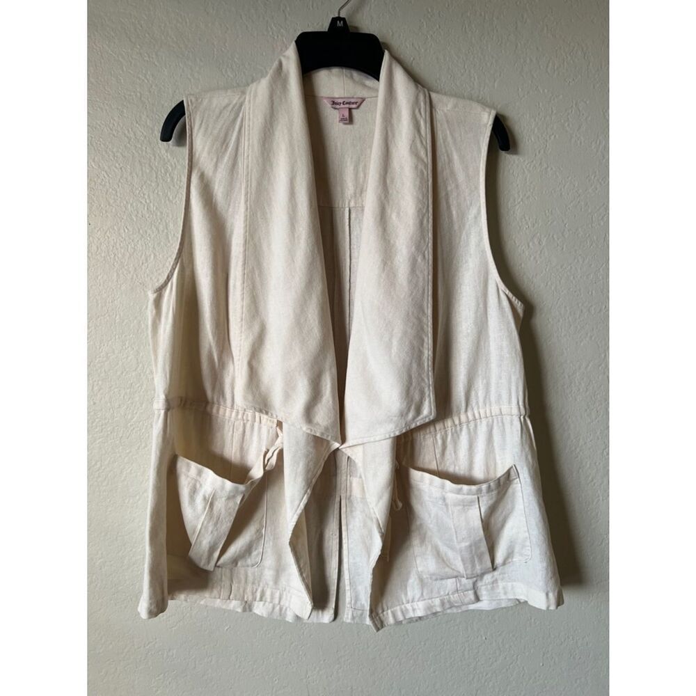 Like New! Juicy Couture Linen Blend Utility Vest Cream Sleeveless Draped Size L